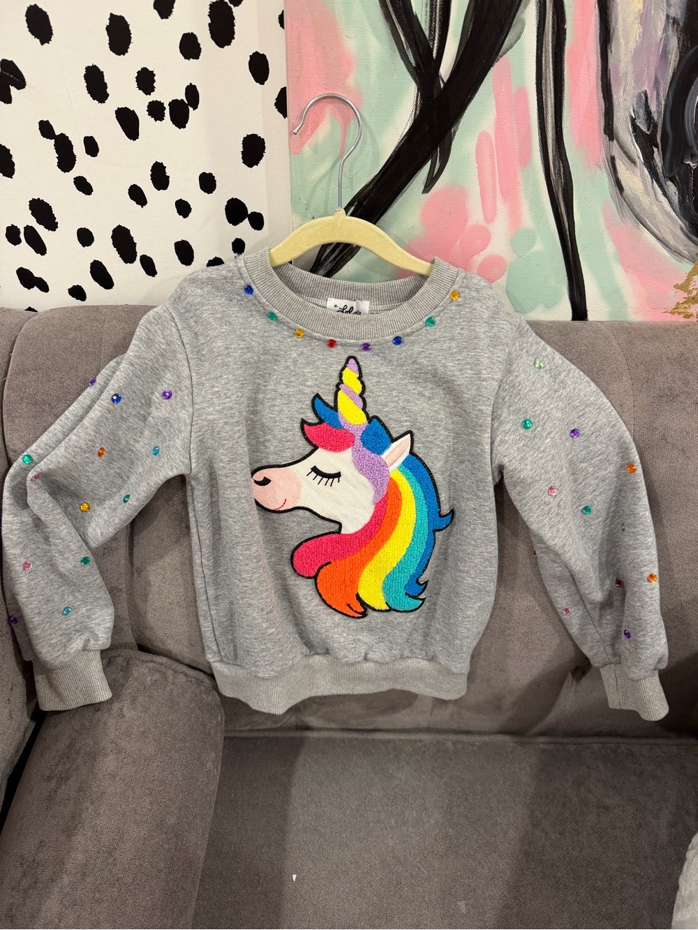 Lola + The Boys Gray Sweatshirt with Rainbow Unicorn and Sequin Details